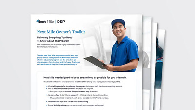 Graphic design of the DSP owner’s toolkit, with an image of an Asian DSP owner holding a clipboard and looking beyond the camera smiling.
