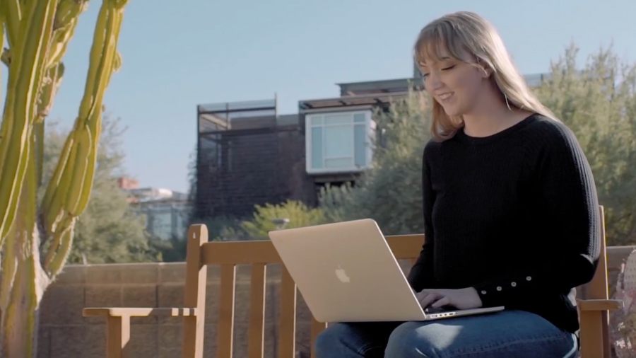 YouTube video titled "How do online classes work" showing a black female Bright Horizons learner sitting on a couch typing on a laptop